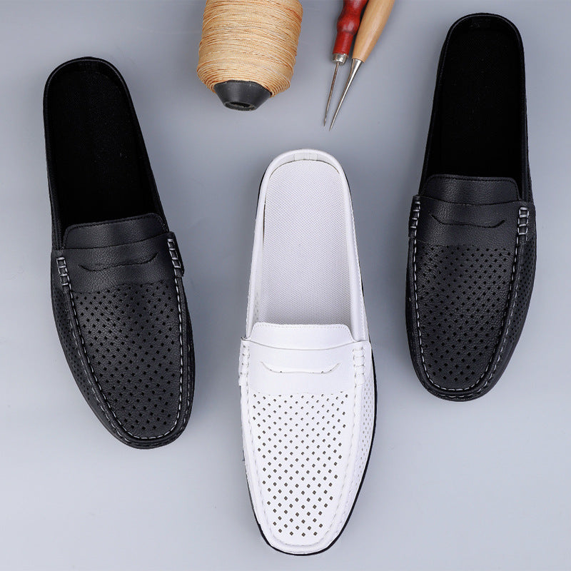 Casual Hollow Leather Shoes Breathable Half Slippers