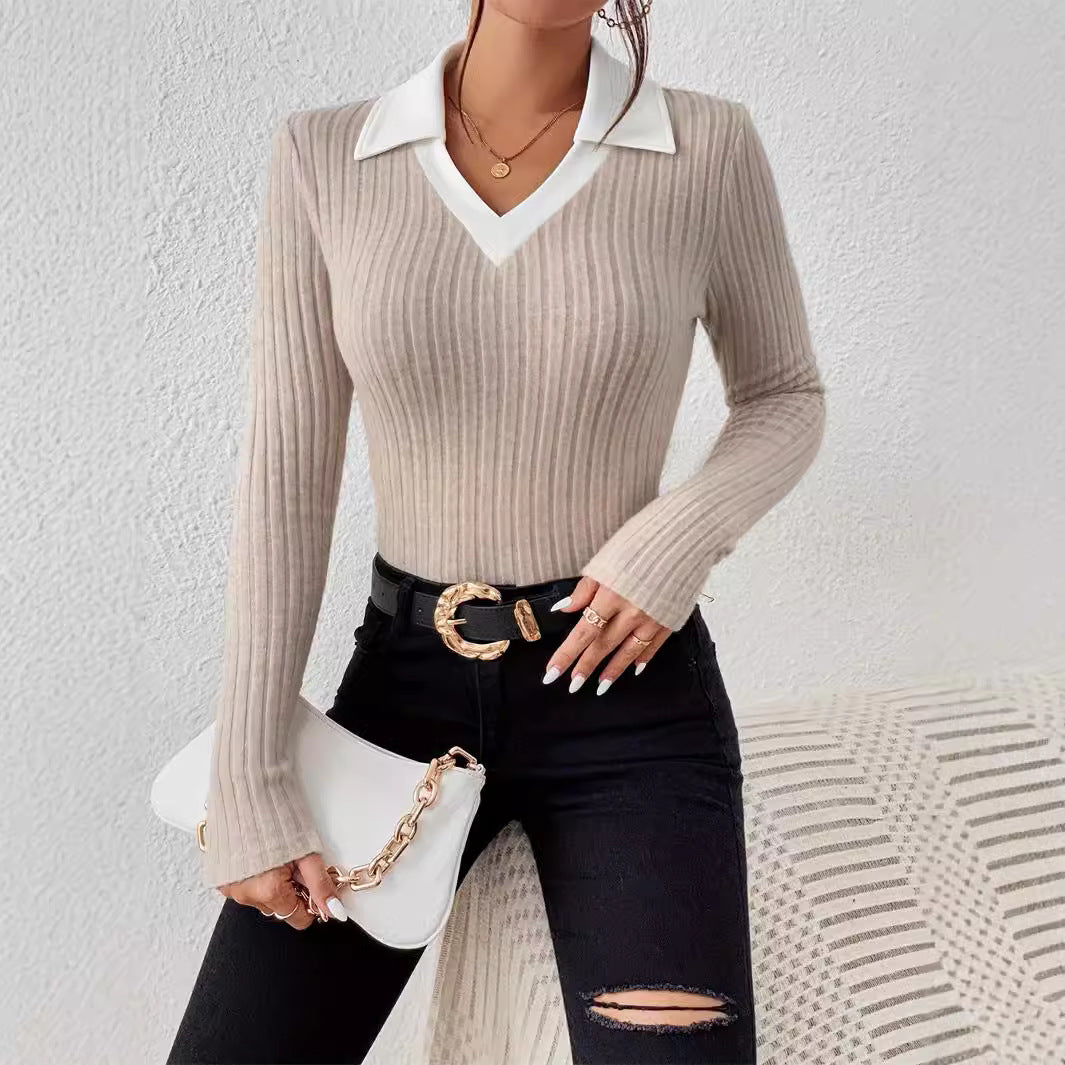 Pullover Knitting Long-sleeved Top Large V Lapel