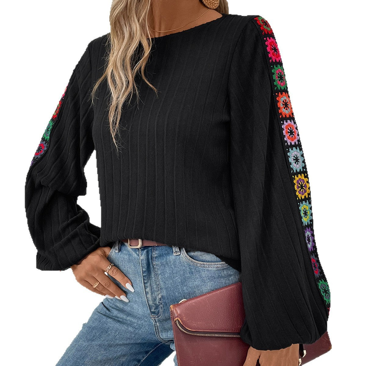 Women's Solid Color Crocheted Lace Stitching Sunken Stripe Knitted Top