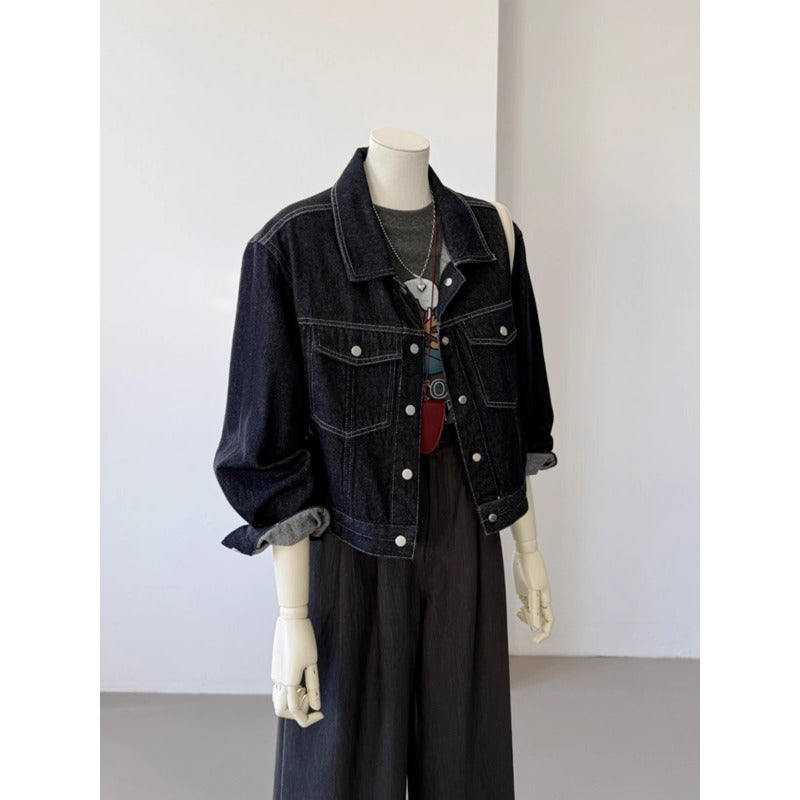 Korean Style Pocket Lapels Retro Dark Blue Short Denim Coat