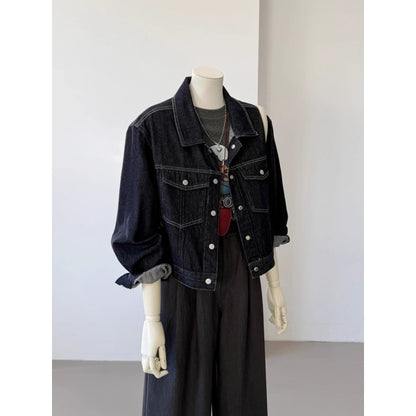 Korean Style Pocket Lapels Retro Dark Blue Short Denim Coat