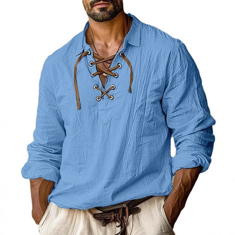 Men's Plus Size Lapels Lace Shirt Solid Color Linen Loose Long Sleeve Shirt