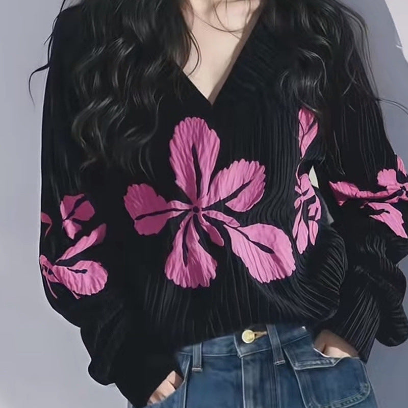 Sexy All-matching Show Thin Black Flower Print Top