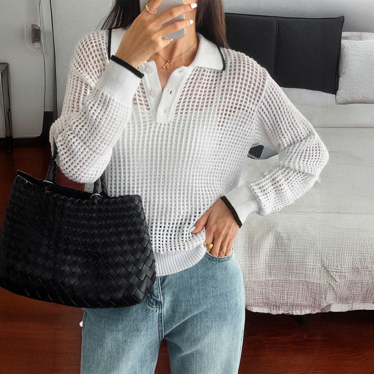 Women's Hollow-out Long-sleeved T-shirt Autumn And Winter Top