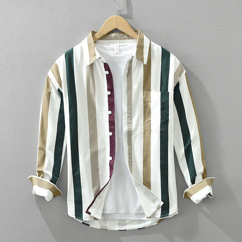 Striped Long Sleeve Shirt Men's Versatile Leisure Artistic Loose Square Collar Top