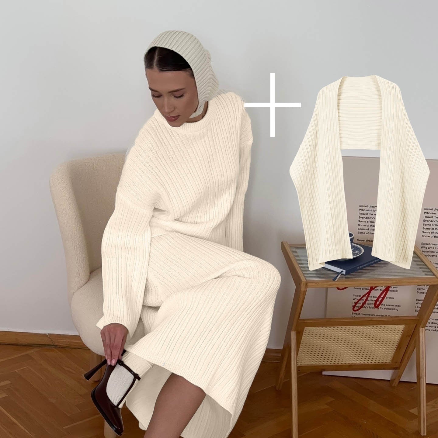 Crew Neck Pullover Sweater Skirt With Scarf Three-piece Set