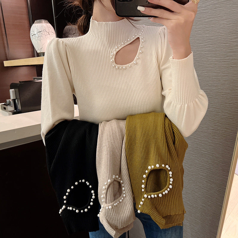 Beaded Half Turtleneck Puff Sleeve Long Sleeve Bottoming Shirt