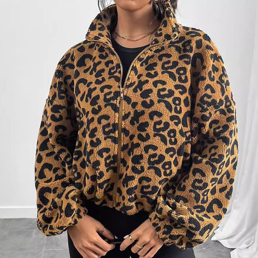 Women's Loose Cardigan Zipper Leopard Print Plush Coat