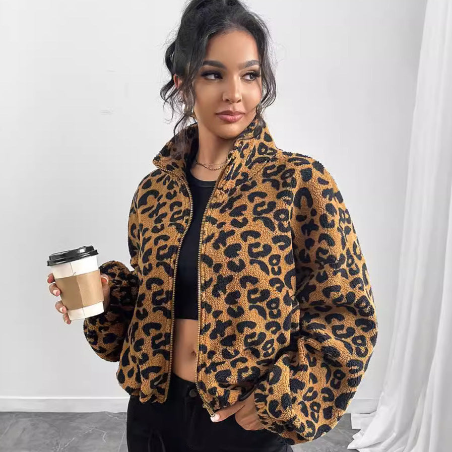 Women's Loose Cardigan Zipper Leopard Print Plush Coat
