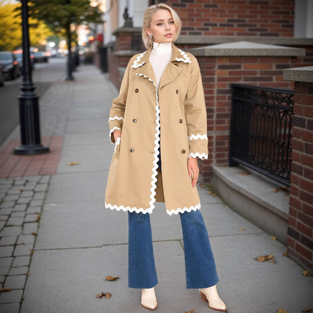 Elegant Chic White Wavy Neckline Double Breasted Coat