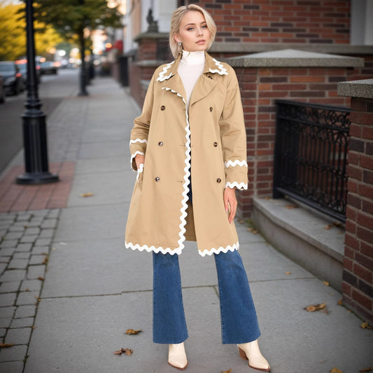 Elegant Chic White Wavy Neckline Double Breasted Coat
