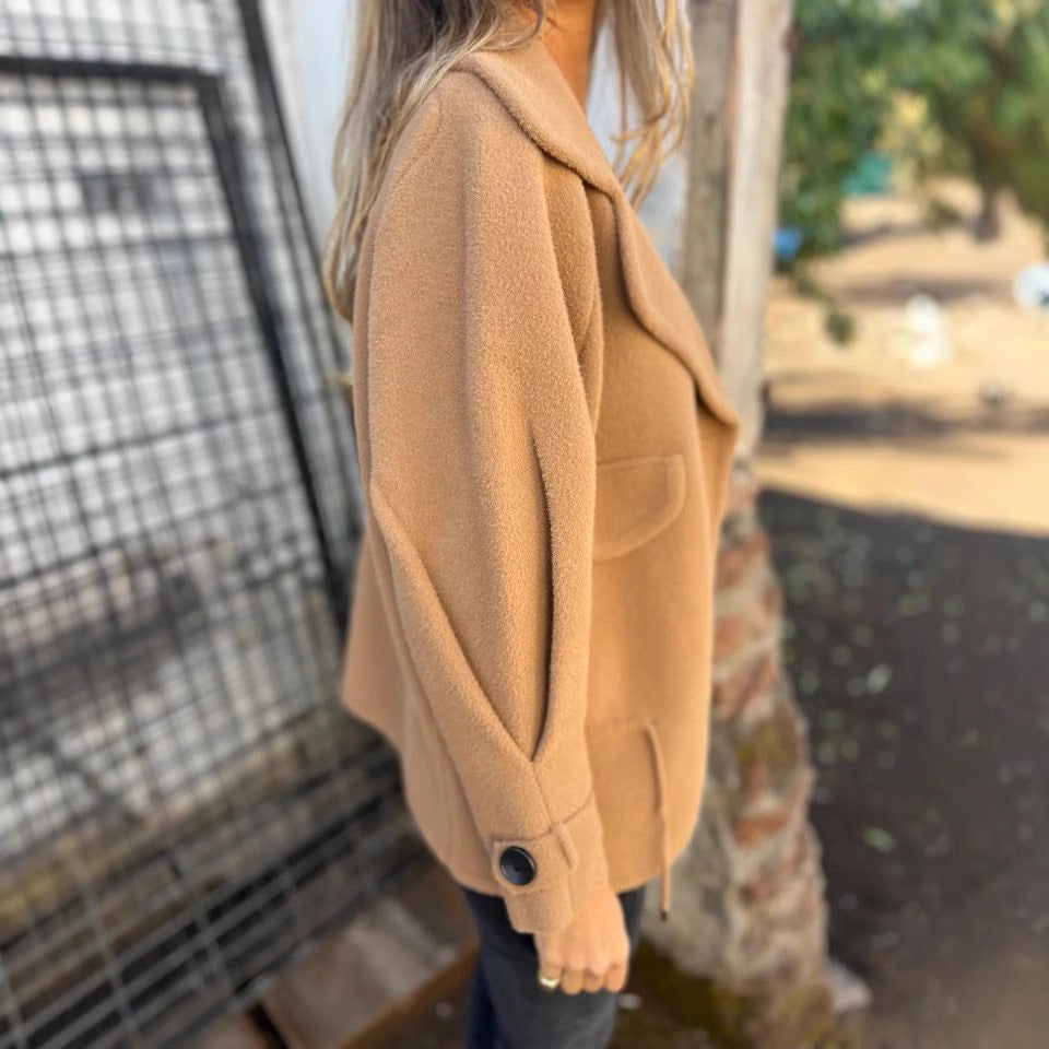 Women's Solid Color Casual Woolen Lapel Button Faux Pocket Coat