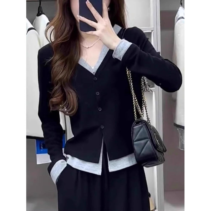 Women's Winter Modal Fake Two-piece V-neck Long-sleeved T-shirt