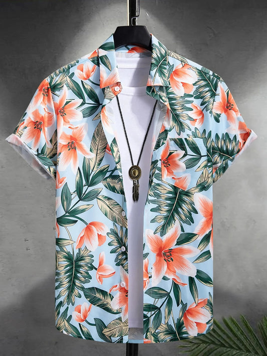 Hawaiian color coconut tree print lapel fashion men's shirt 2024 men's seaside resort casual style men's short-sleeved shirt