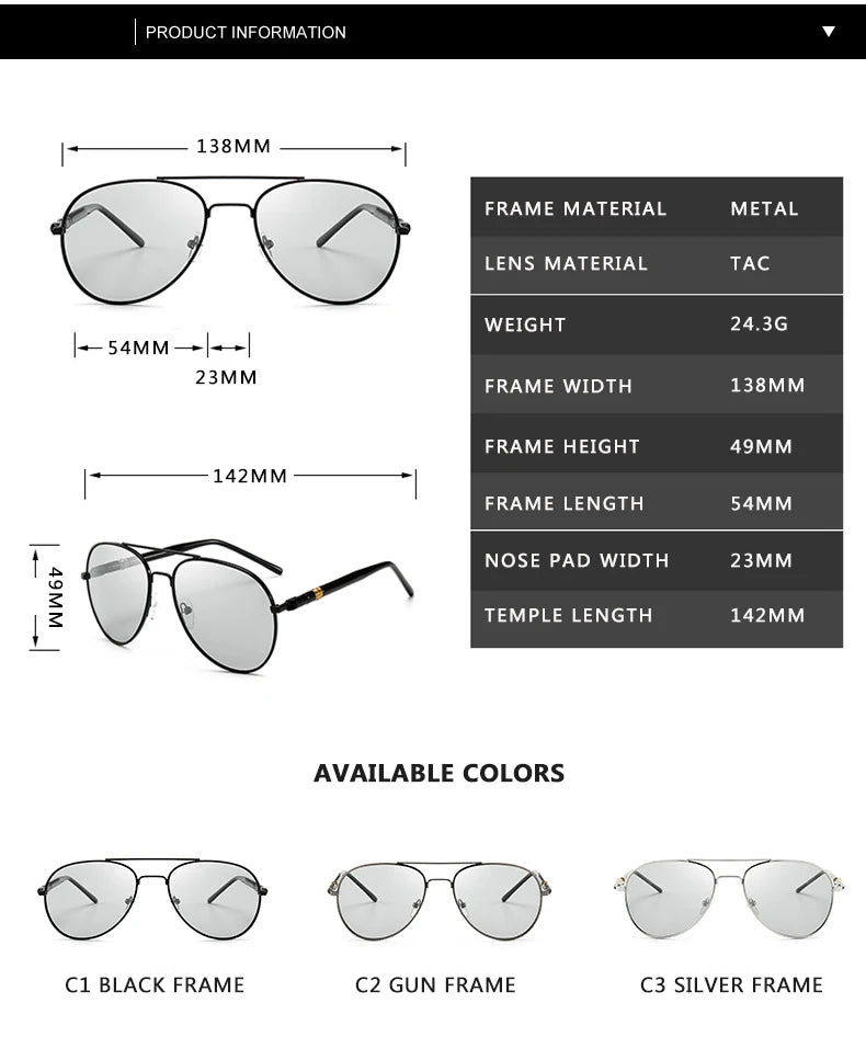 Photochromic Sunglasses Men Polarized Sunglesses Driving Chameleon Sun Glasses Change Color Men Sunglasses  Brand Designer