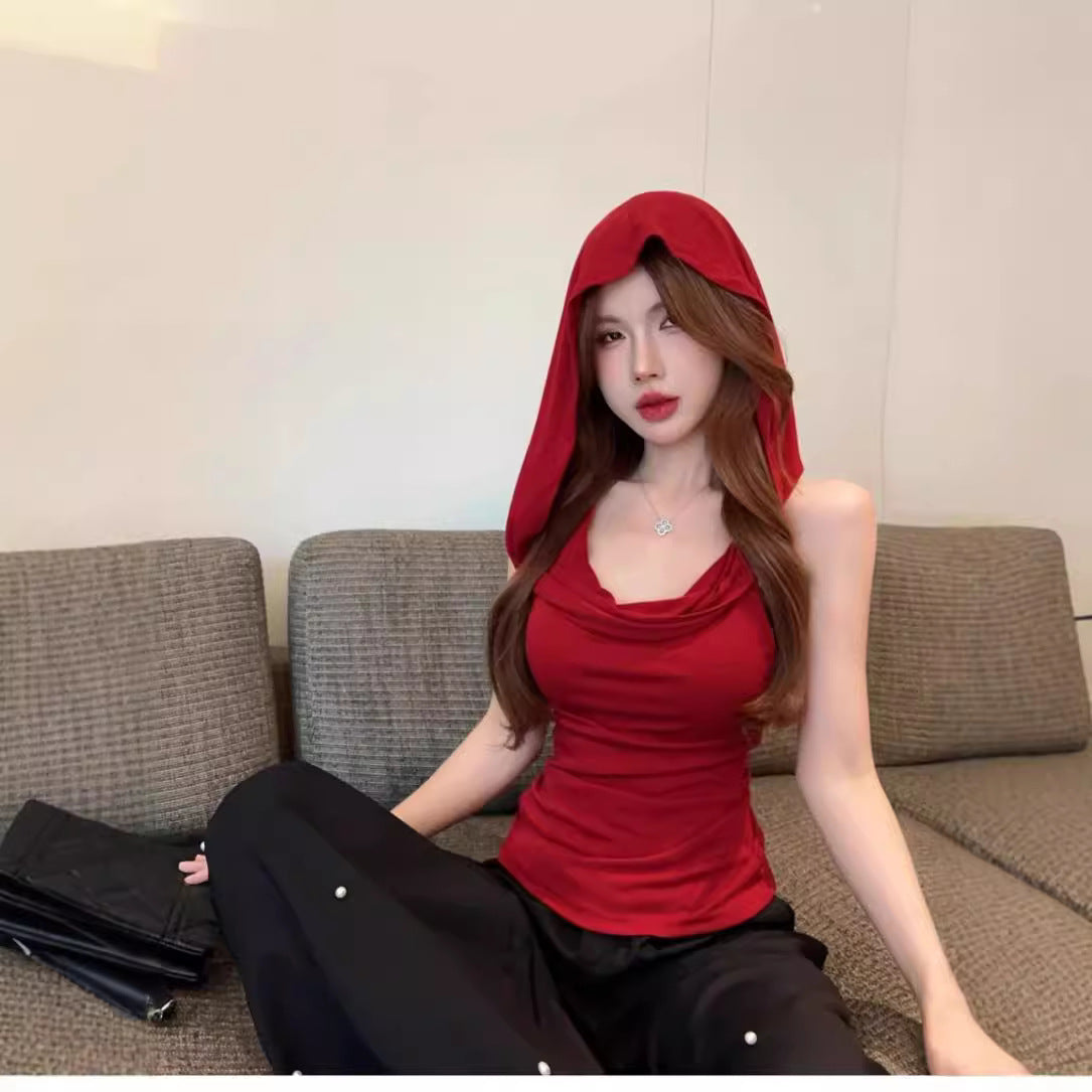American Style Swing Collar Red Hooded Vest For Women Summer