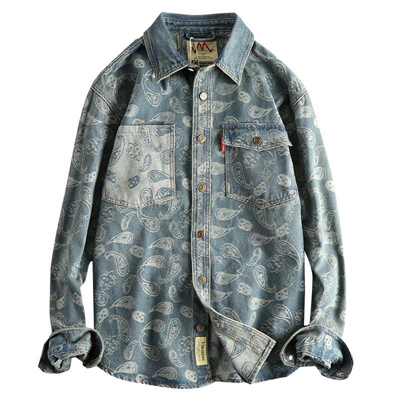 Yarn-dyed Paisley Pattern Mild Luxury Retro American Denim Long Sleeve Shirt