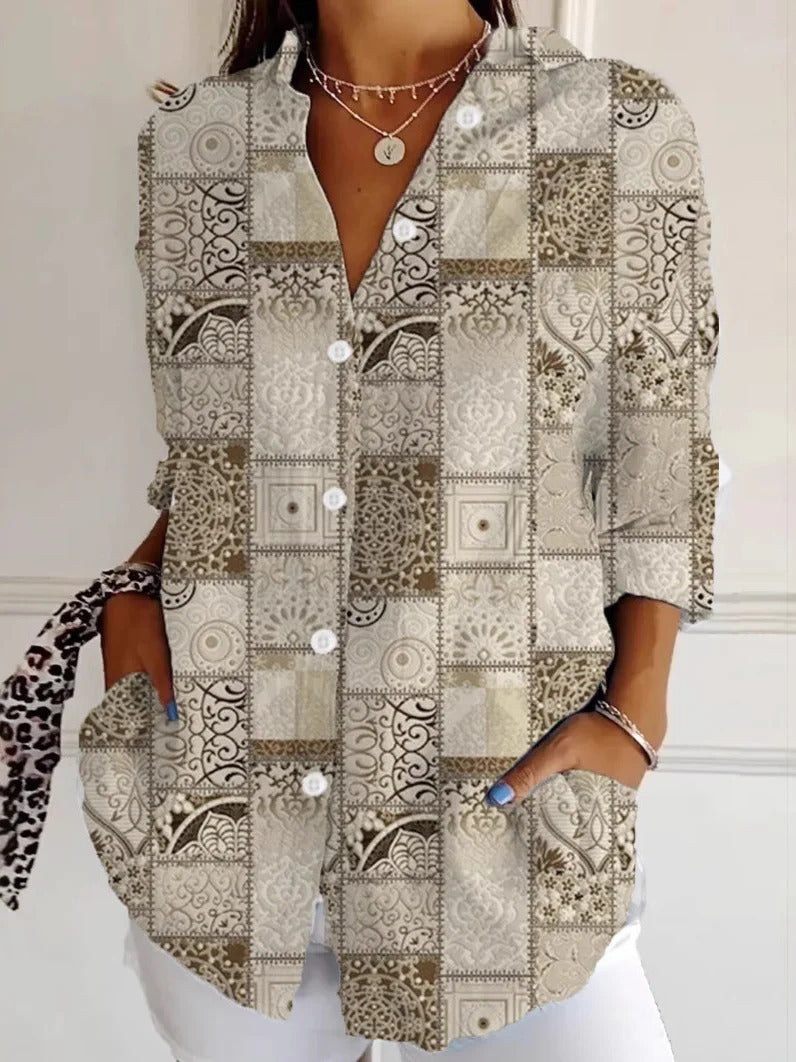 Creative Loose Print Women's Long-sleeved Button Shirt