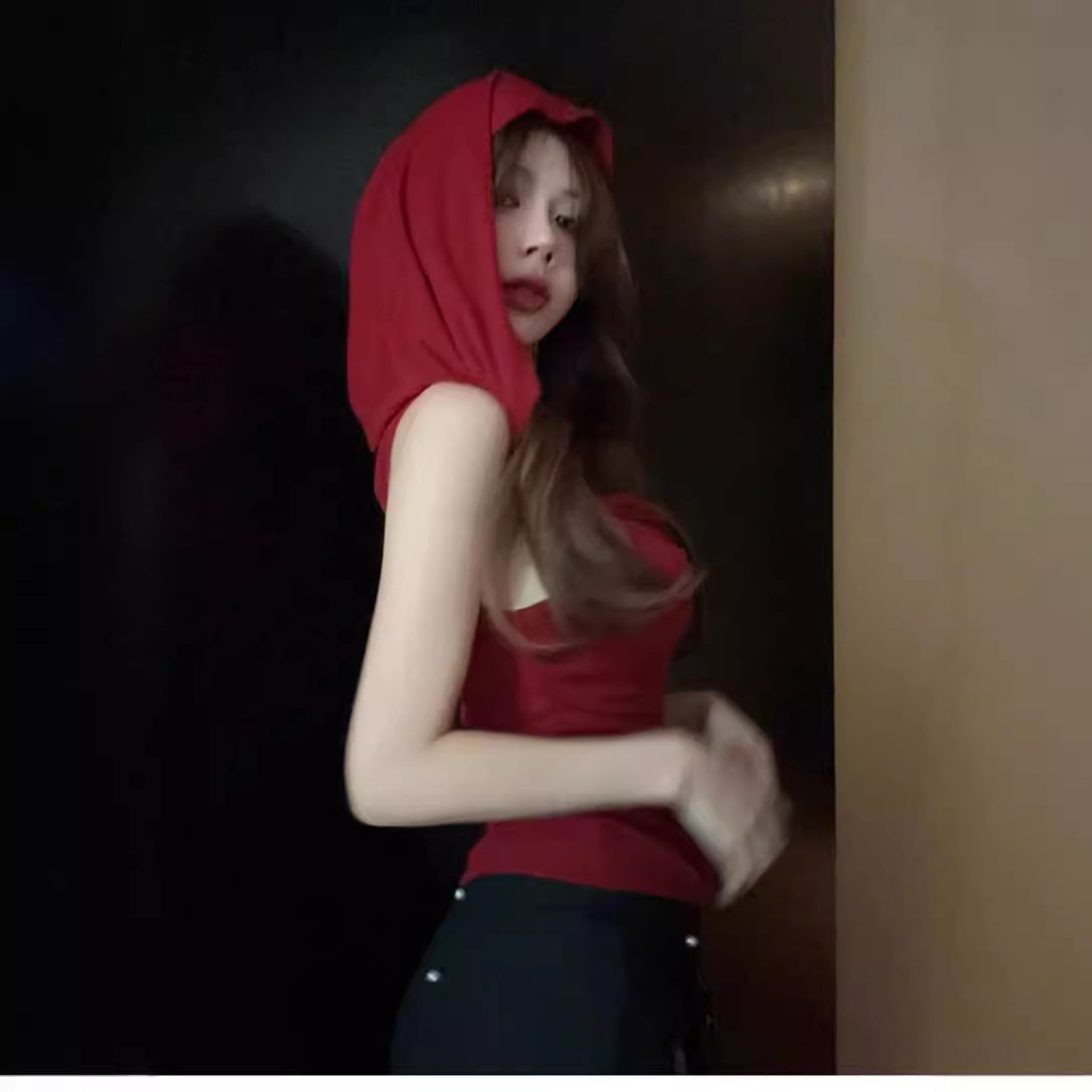 American Style Swing Collar Red Hooded Vest For Women Summer