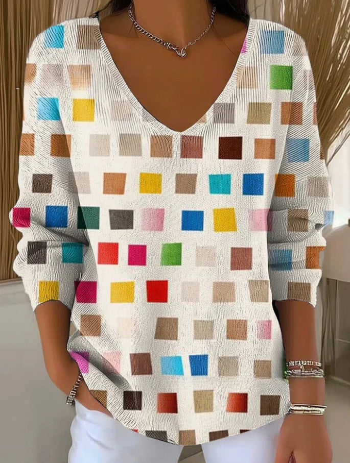 Printed Women's Gradient Color V-neck Long-sleeved T-shirt