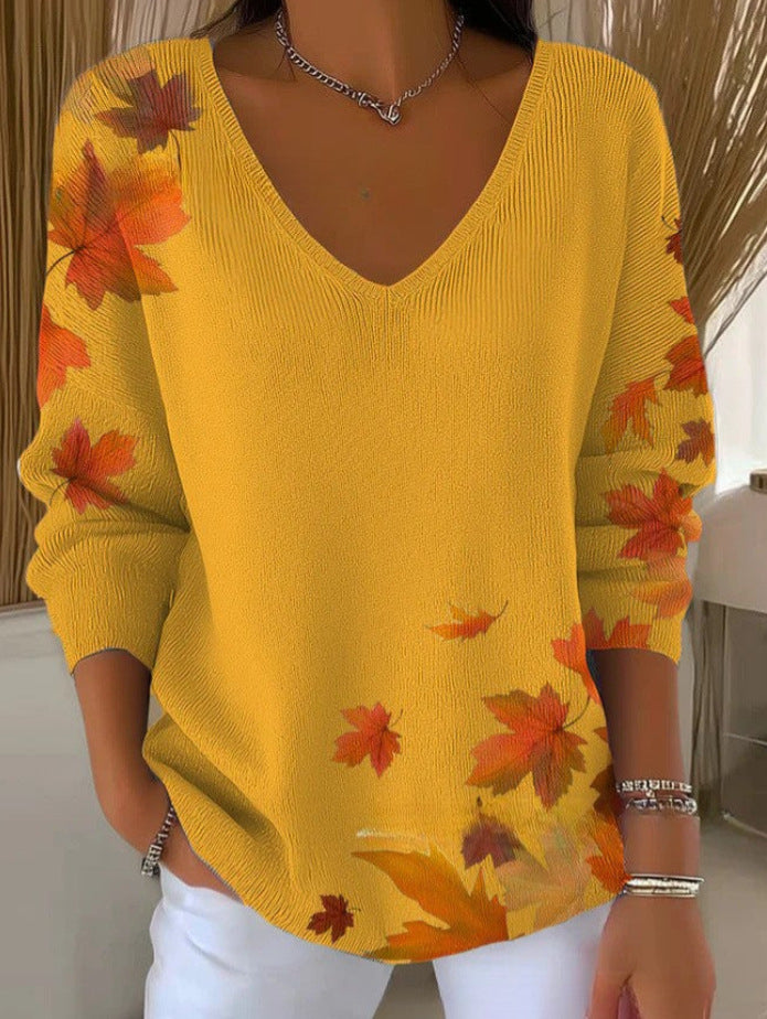 Printed Women's Gradient Color V-neck Long-sleeved T-shirt