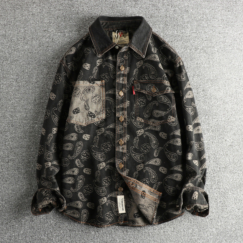 Yarn-dyed Paisley Pattern Mild Luxury Retro American Denim Long Sleeve Shirt