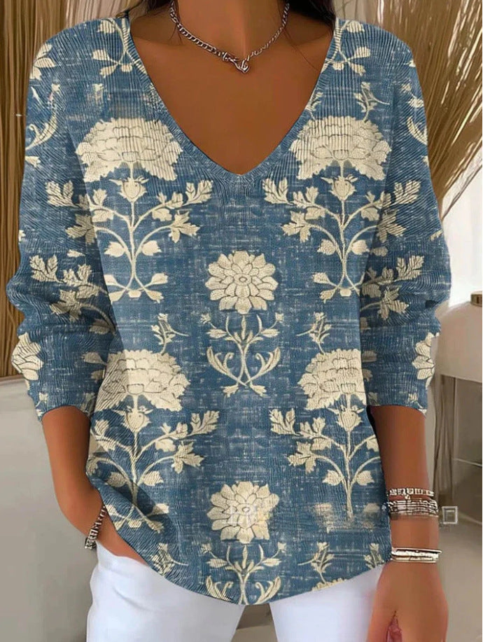 Printed Women's Gradient Color V-neck Long-sleeved T-shirt