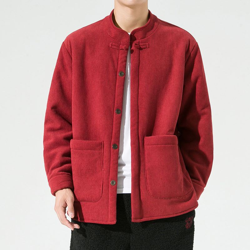 Men's Hanfu Stand Collar Buckle Corduroy Fleece Warm Jacket