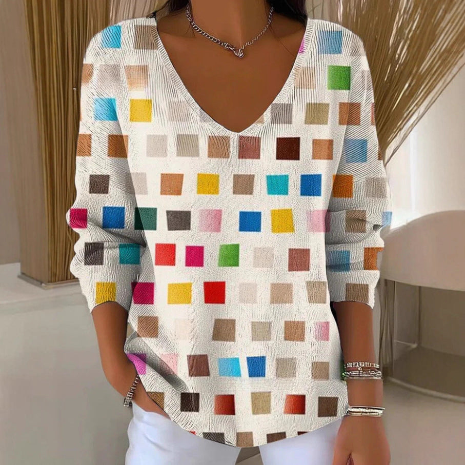 Printed Women's Gradient Color V-neck Long-sleeved T-shirt