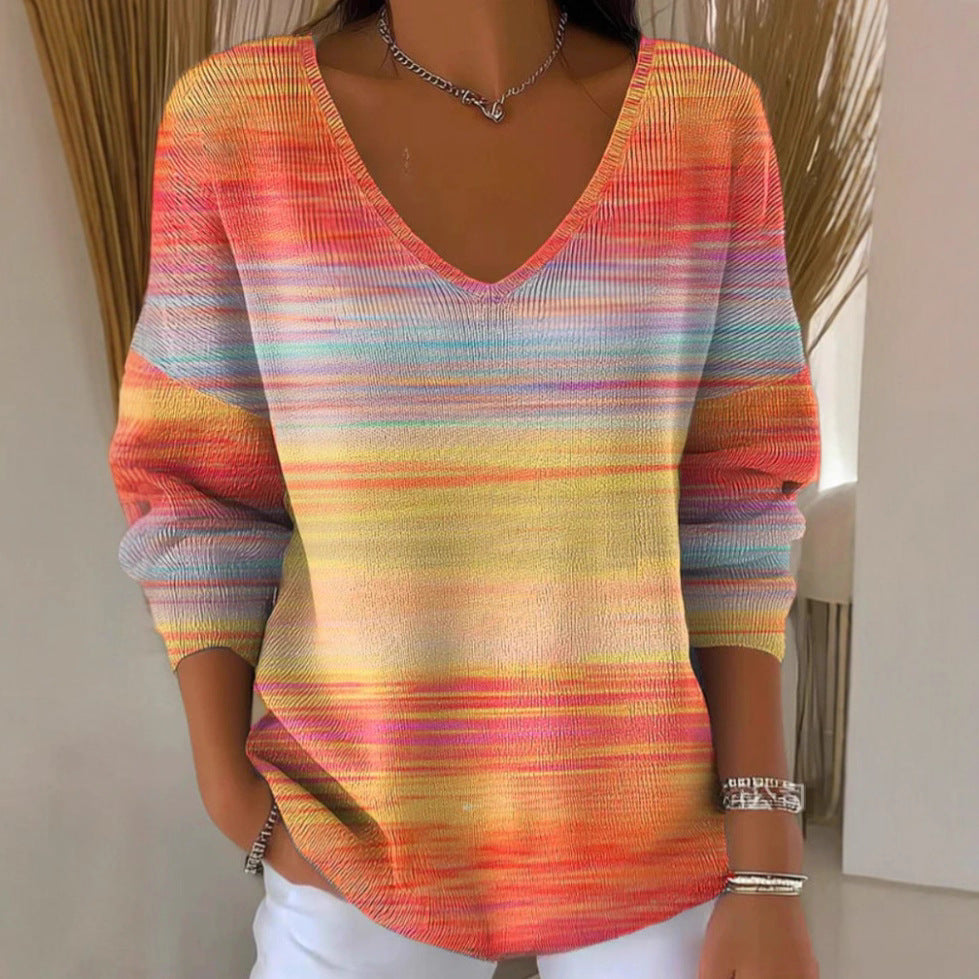 Printed Women's Gradient Color V-neck Long-sleeved T-shirt