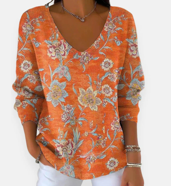 Printed Women's Gradient Color V-neck Long-sleeved T-shirt