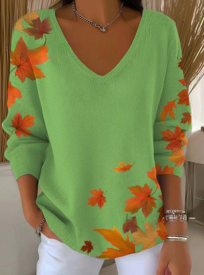 Printed Women's Gradient Color V-neck Long-sleeved T-shirt