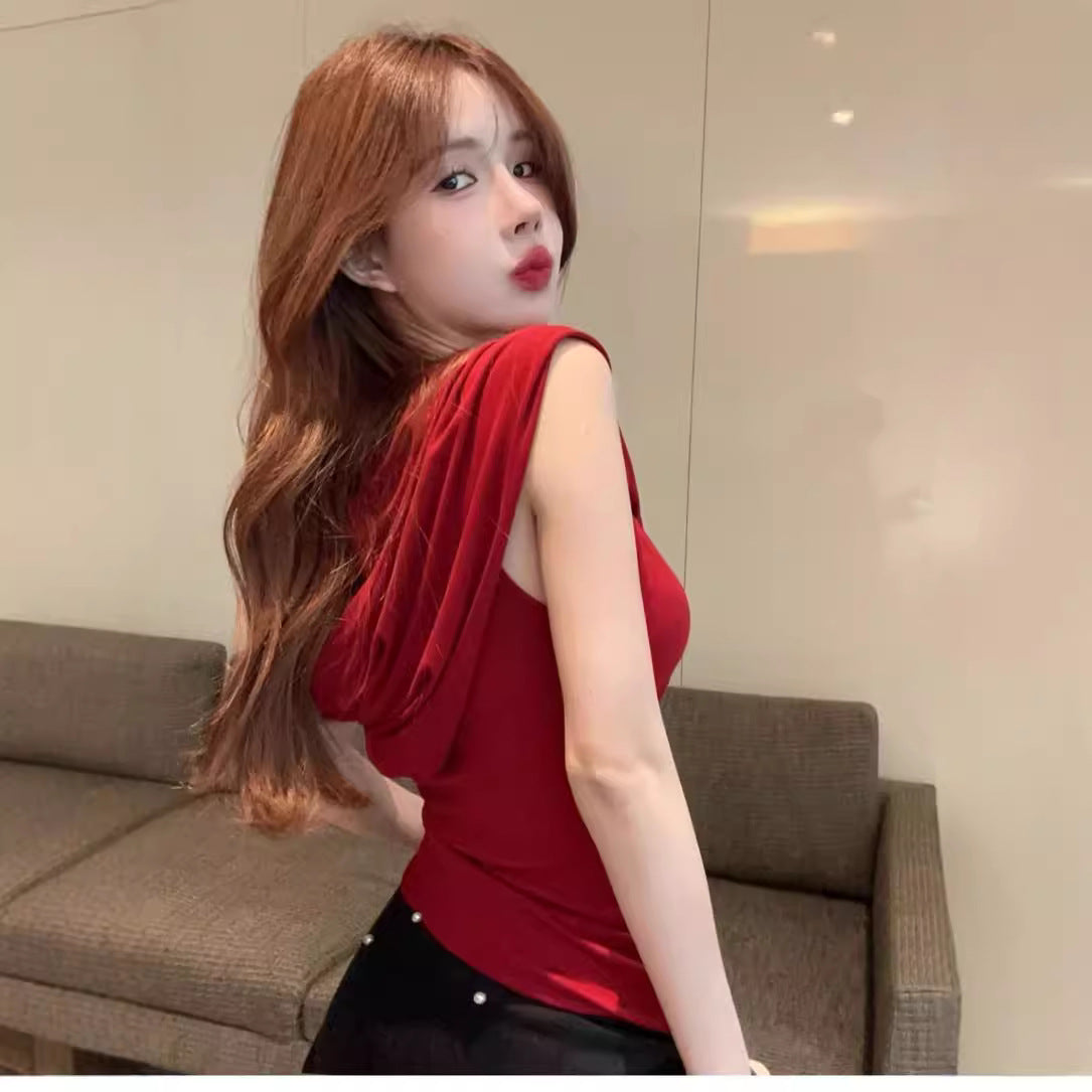 American Style Swing Collar Red Hooded Vest For Women Summer