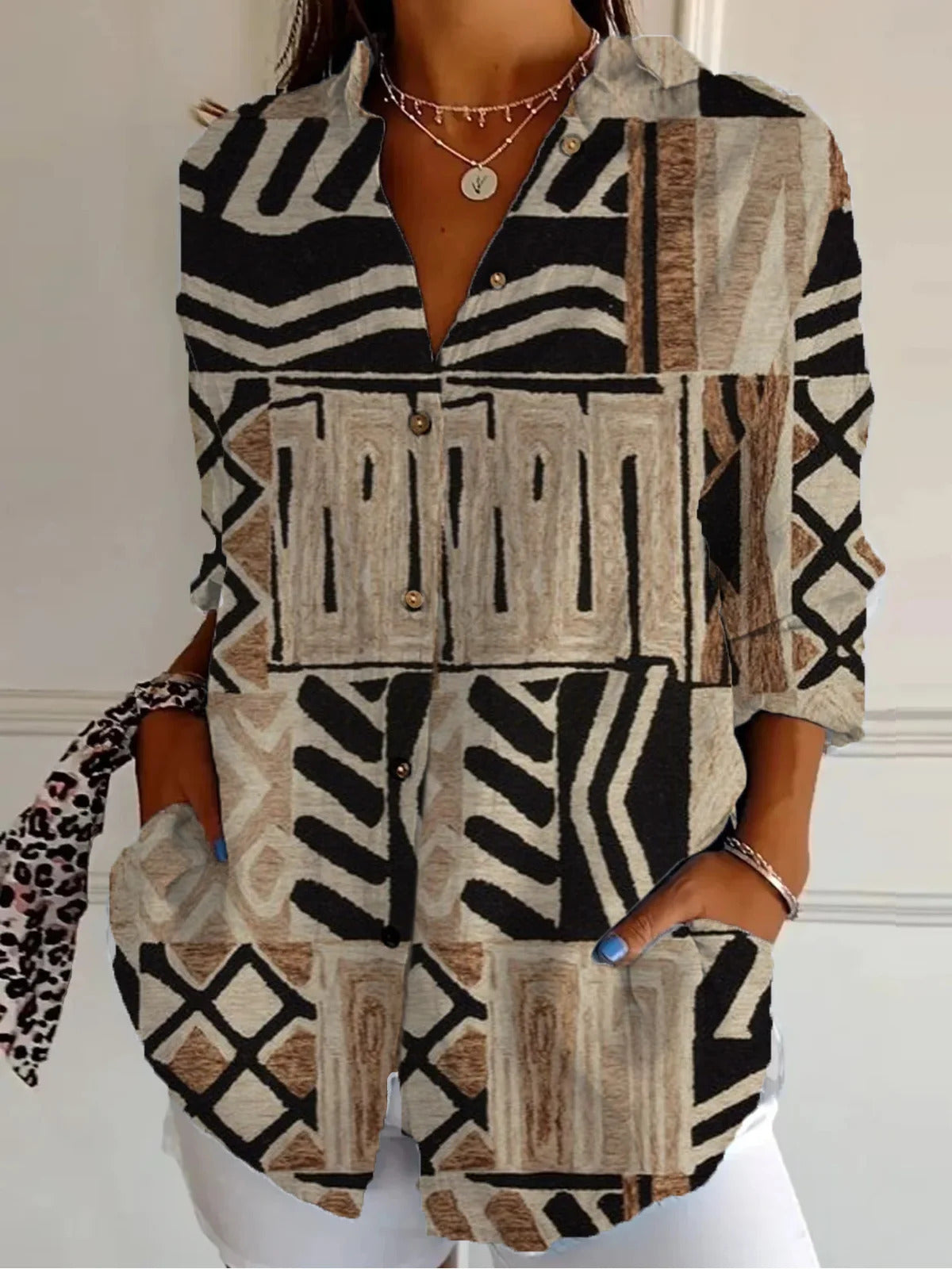 Creative Loose Print Women's Long-sleeved Button Shirt