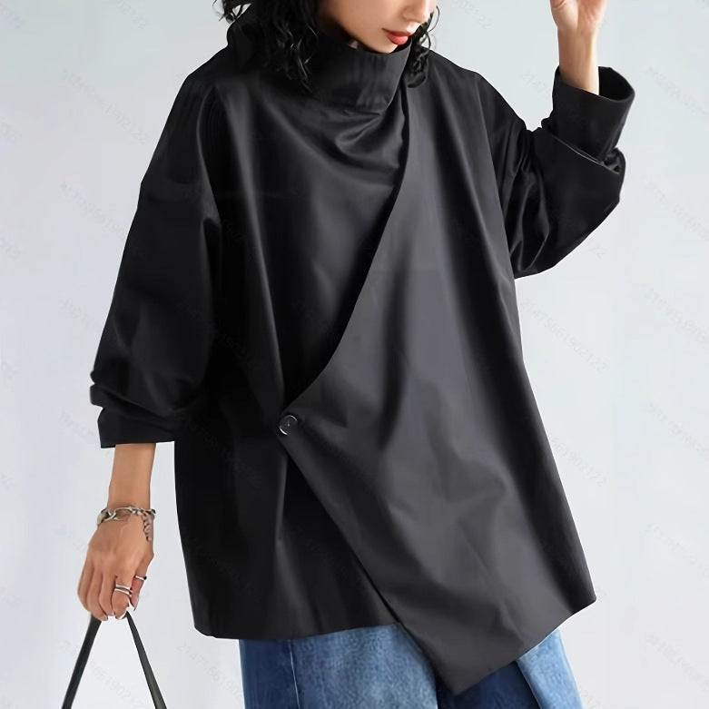 New Dark High Cascading Collar Long Sleeve Shirt