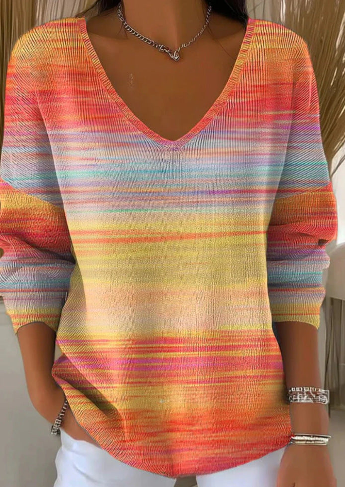 Printed Women's Gradient Color V-neck Long-sleeved T-shirt