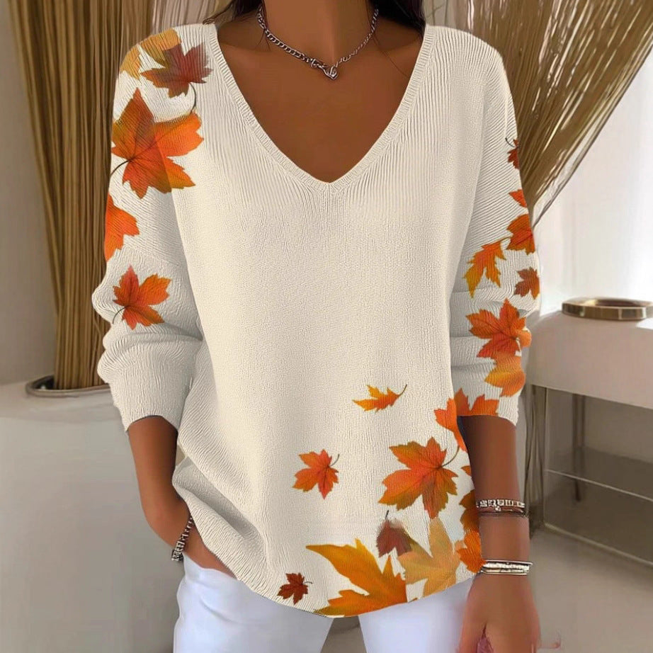 Printed Women's Gradient Color V-neck Long-sleeved T-shirt