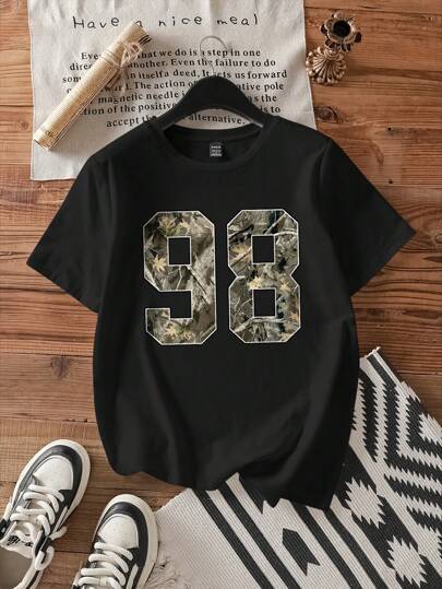 Round Neck Numbers Camouflage Top For Women