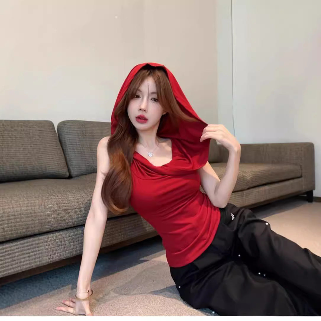 American Style Swing Collar Red Hooded Vest For Women Summer