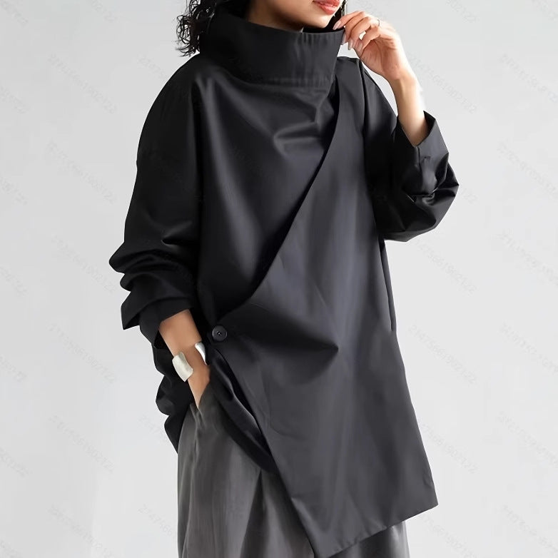 New Dark High Cascading Collar Long Sleeve Shirt