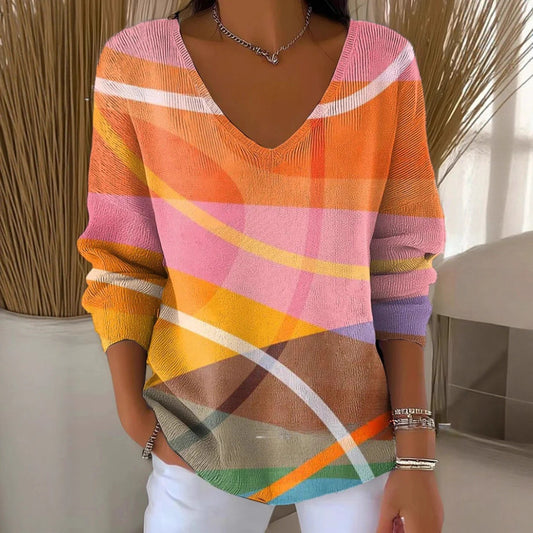 Printed Women's Gradient Color V-neck Long-sleeved T-shirt