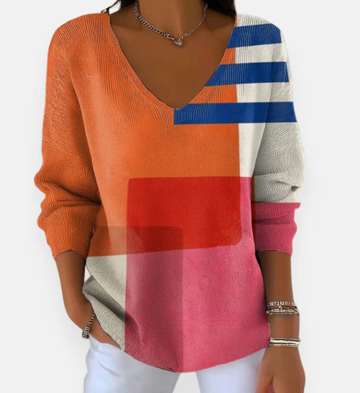 Printed Women's Gradient Color V-neck Long-sleeved T-shirt