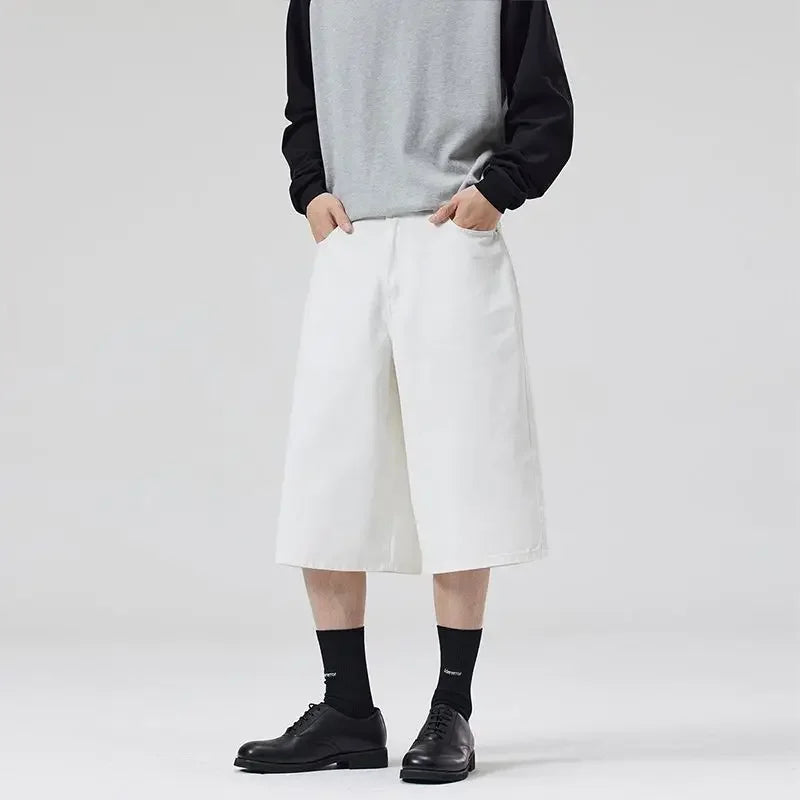100% Cotton White Jeans Summer Men's Shorts Baggy Wide-leg Casual Calf-length Denim Pants Oversized Loose Fashion Streetwear