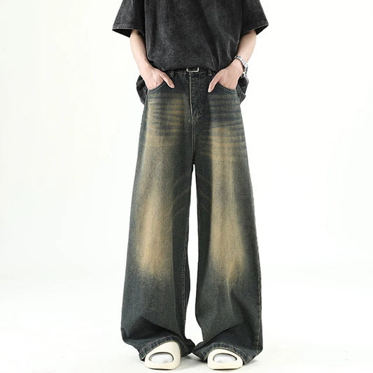 Men Denim Pants Old Blue Washed Male Jeans Straight Casual Menwear Loose Wide Leg Trousers New Fashion Korean High Street Denim