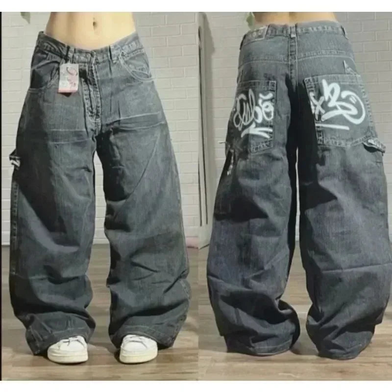 New American Retro Southpole Men Jeans Skull Print Loose Jeans Couple Harajuku Gothic Hip-Hop Straight Wide-Leg Pants