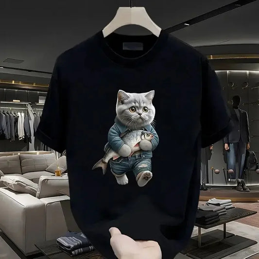 2024 New Super Cute Cat European and American Fashion Short sleeved Women's Essential Cartoon Print T-shirt Exquisite Gift