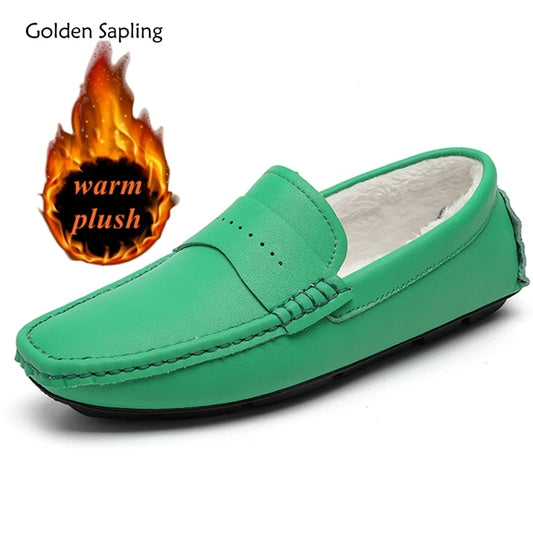Golden Sapling Big Size 49 Men's Casual Shoes Outdoor Fashion Leather Casual Driving Boat Shoe Male Winter Warm Plush Loafers