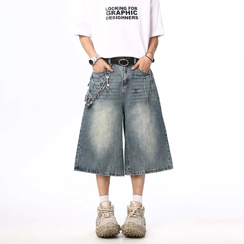 Summer New Mens Oversized Wide Shorts Lightning Cracked Y2k Baggy Jeans Washed Streetwear Fashion Loose Calf-length Denim Pants