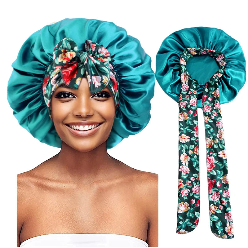 Women's Lace-up Satin Bonnet With Wide Stretch Ties Band Long Tail Bonnet Satin Cheveux Nuit Silky Sleeping Night Cap Bonnets