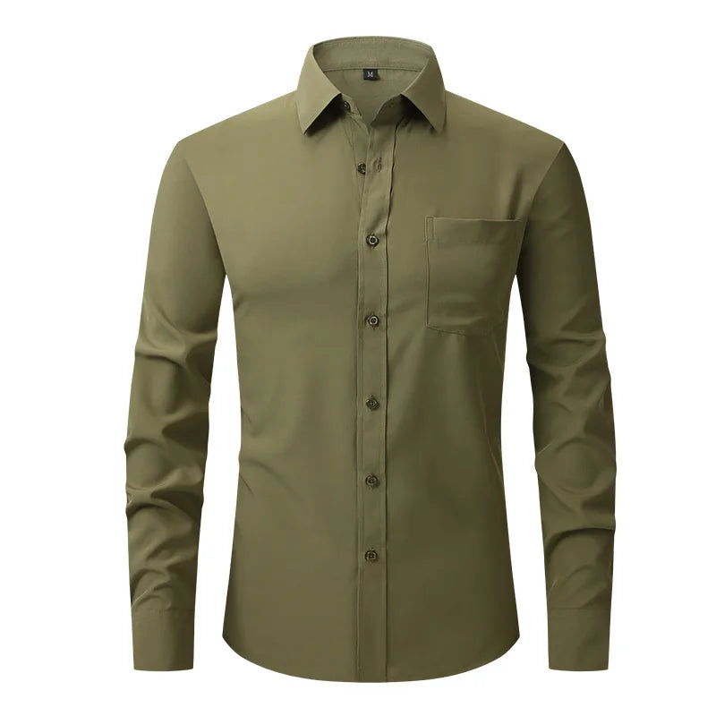 All Around Stretch Men's Shirt Business Casual Long-sleeved Shirt's Professional Formal Anti-wrinkle Solid Color Men's Clothing